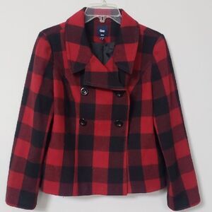 Gap Pea Coat Women's M Red Black Buffalo Plaid Check Wool Blend Jacket Outdoors